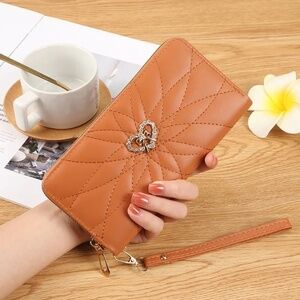 2/$30 Elegant Quilted Brown PU Leather Wallet with Heart Charm Zip-Around Clutch